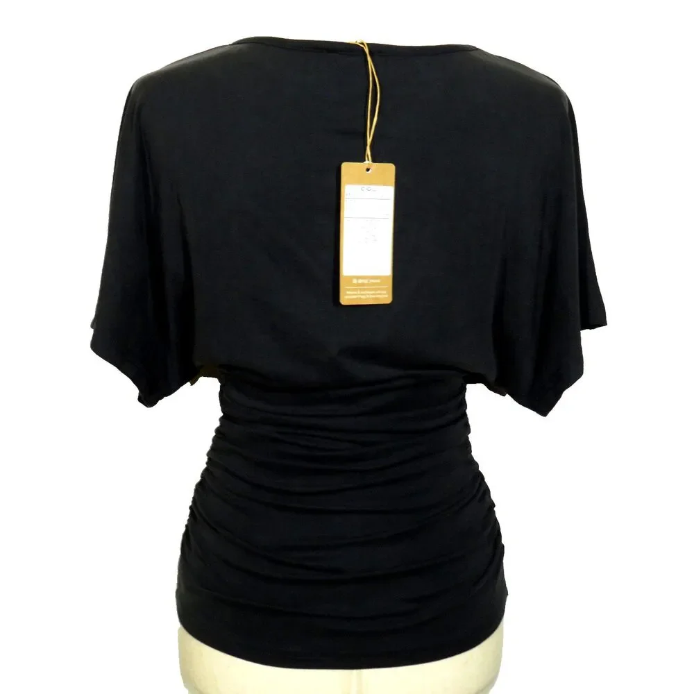 OGL Sandwashed Effortless Boatneck Batwing Sleeve Side Ruched Top Black Size XL - Picture 3 of 9
